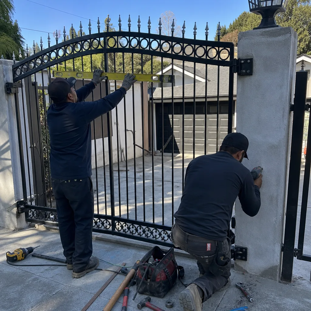 Two technicians installing and leveling a black wrought-iron driveway gate