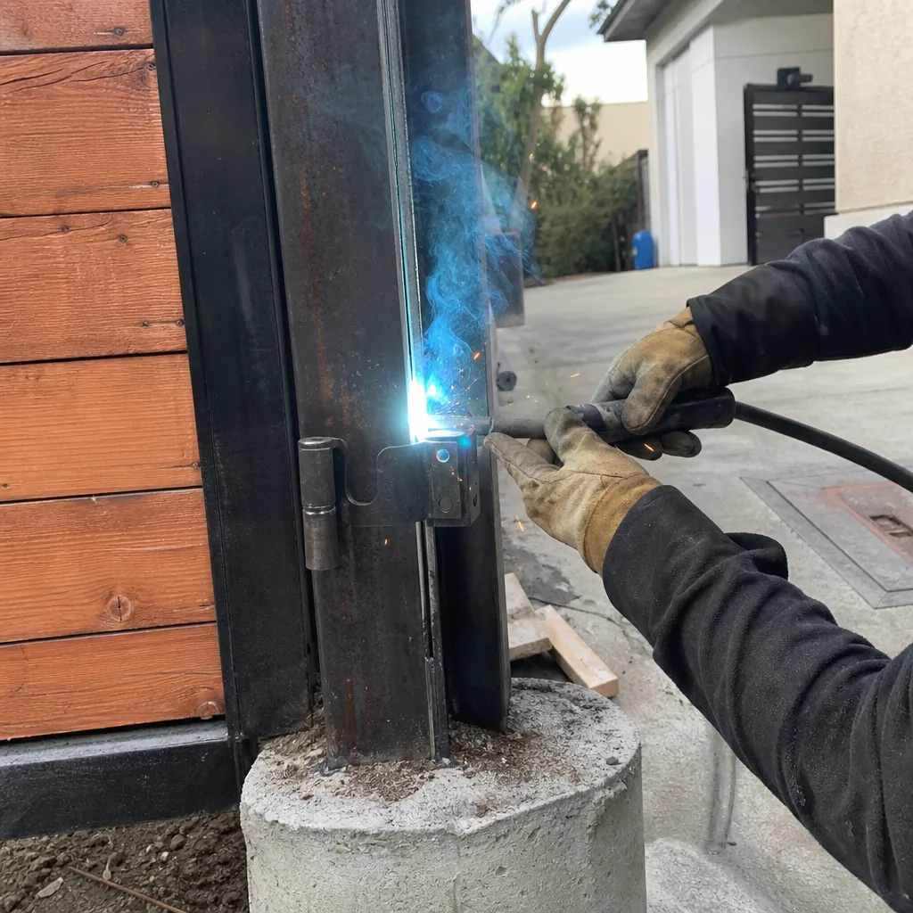 Welder installing a steel hinge on a gate post