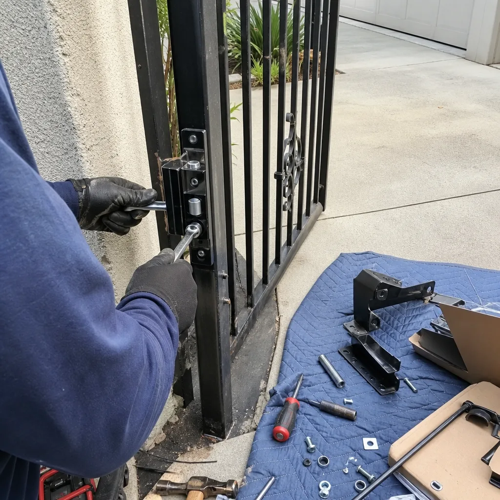 Technician performing professional metal gate repair and latch installation