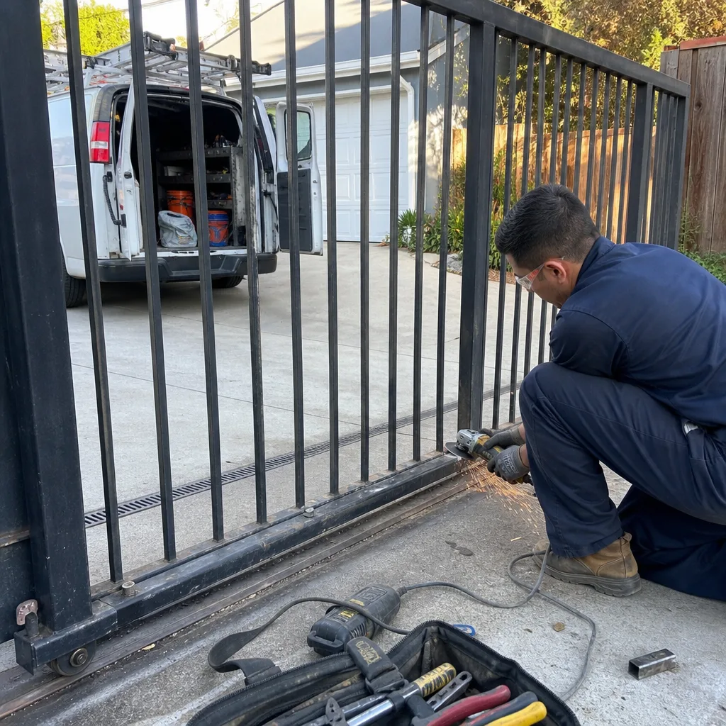 Professional technician performing gate repair using an angle grinder